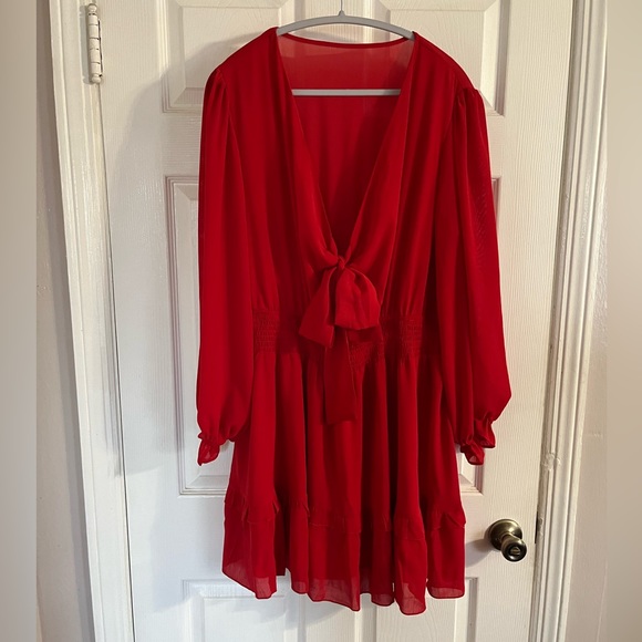 Red sheer dress with knit with long sleeves smd front tie - Picture 2 of 8